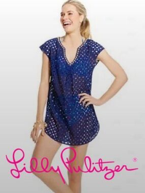 💜🌺🔥Lilly Pulitzer Blue Eyelet Dress/Coverup w/Gold Beaded Neckline– Size Medium